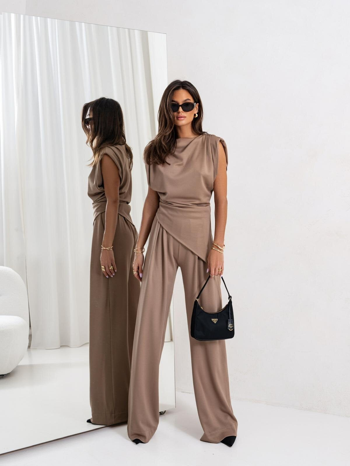 Women's pantsuit – Luxury fluid fabric – Draped sleeveless top – Wide high-waisted trousers