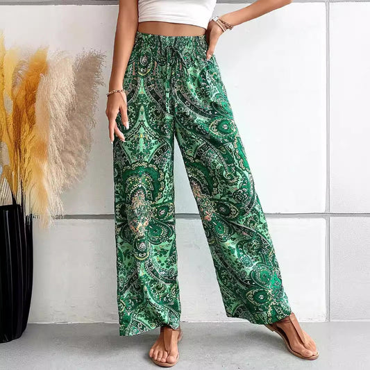 Wide women's pants – Loose fit – Elastic high waist – Breathable fabric – Bohemian print