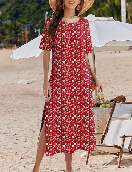 Women's long dress – Fluid cut – Floral print – Short sleeves – Breathable fabric