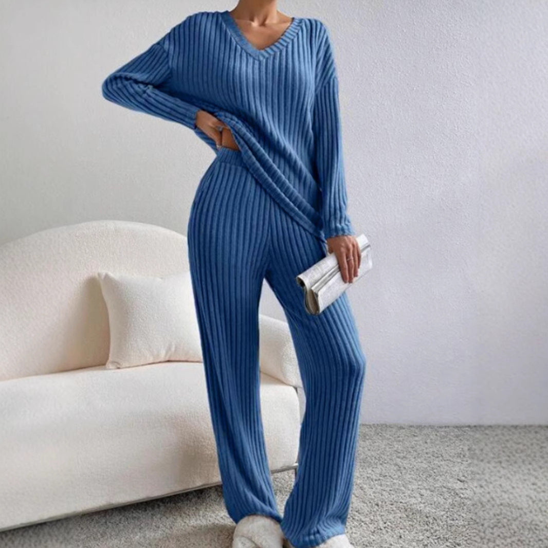 Ensemble Femme – Haut Col V Manches Longues – Pantalon Droit