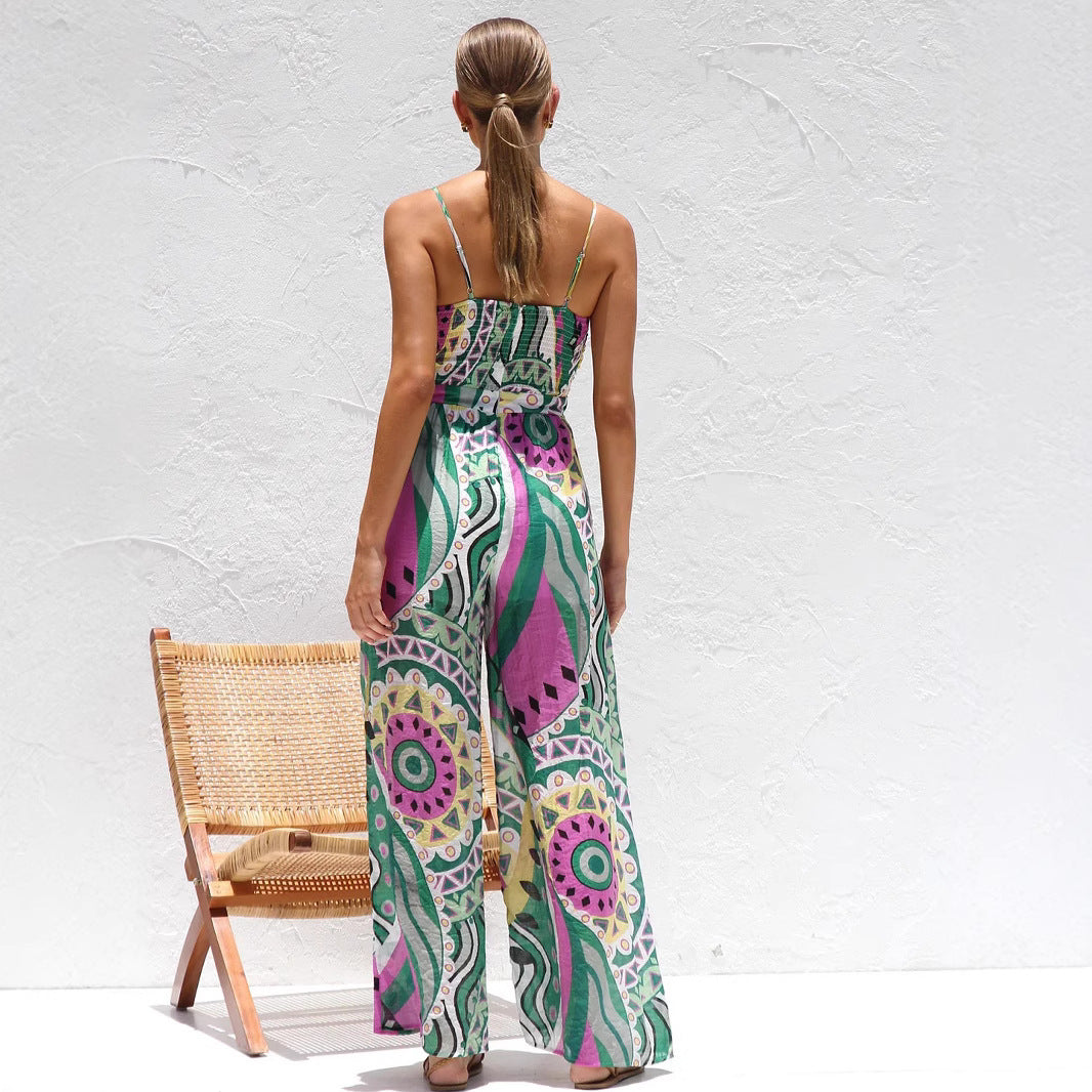 Women's jumpsuit – Loose fit – Lightweight breathable fabric – Thin straps with front knot
