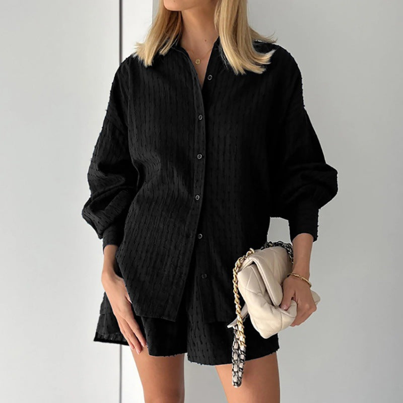 Women's Set Blouse and Shorts – Loose Fit – Textured Fabric – Puff Sleeves