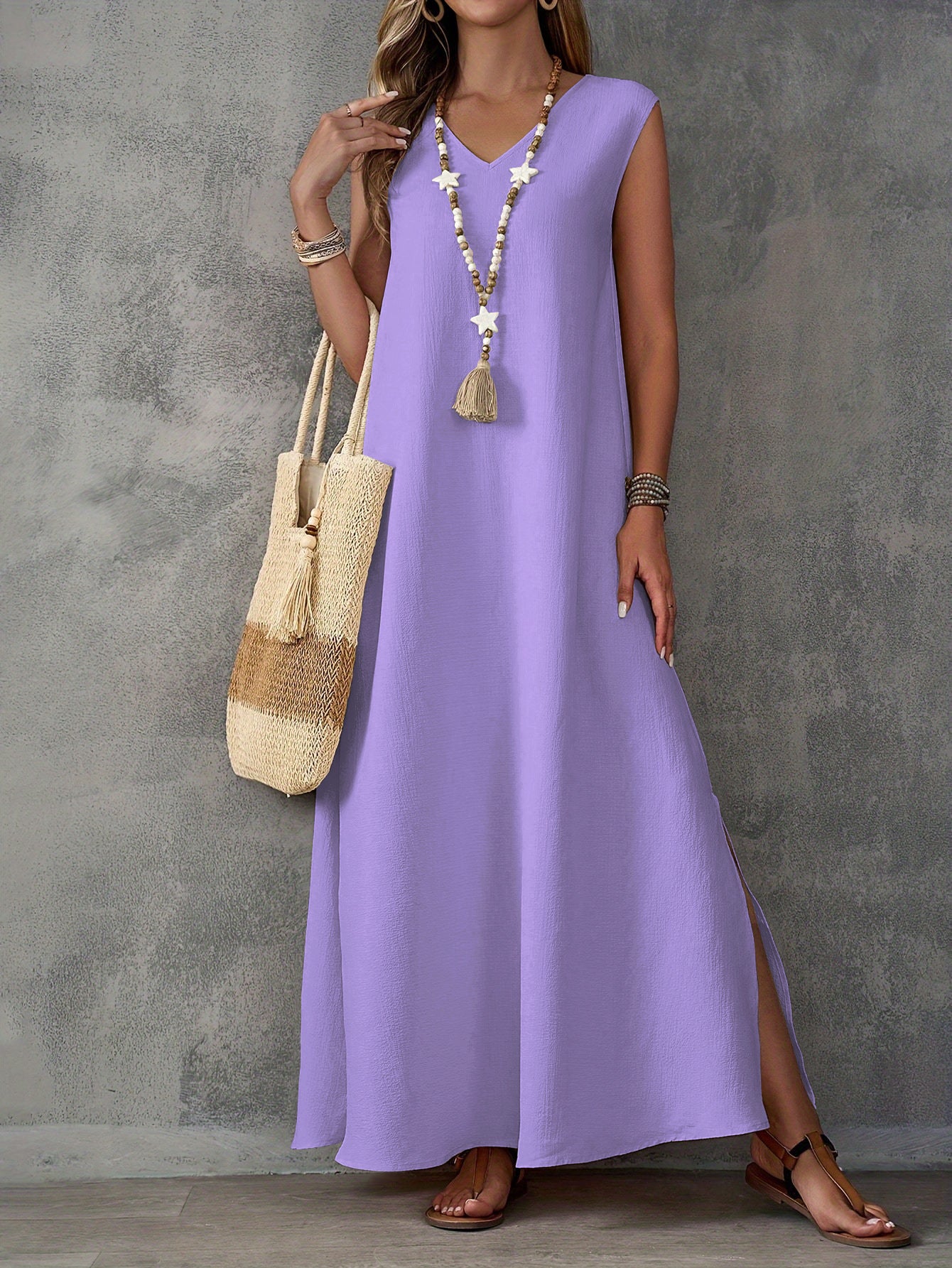 Robe longue femme – Coupe fluide – Col en V – Sans manches – Fentes latérales – Coton