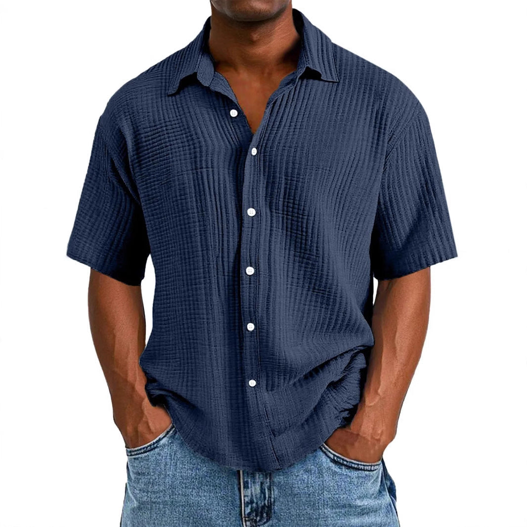 Men's short-sleeve shirt – Relaxed fit – Crinkled fabric – Full button fastening