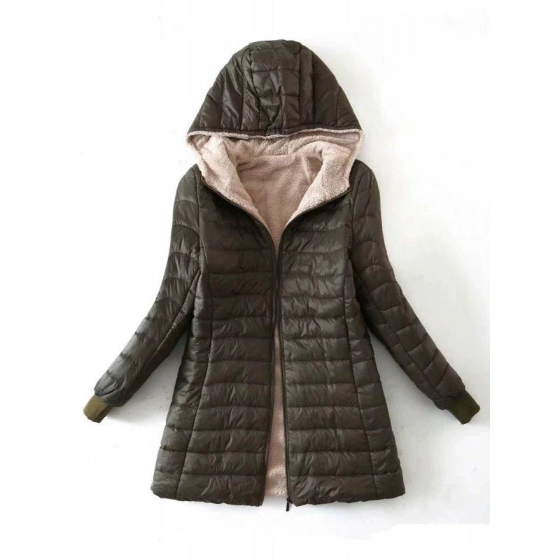 Women's Coat - Woven Fabric - Hood - Mid-Thigh Length