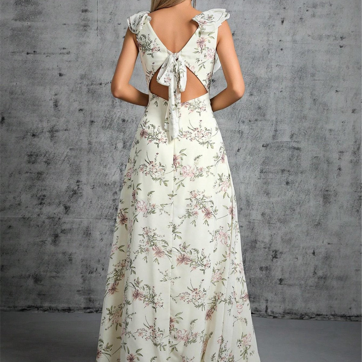 Robe longue femme – Décolleté cache-cœur – Détail volanté – Imprimé floral fluide
