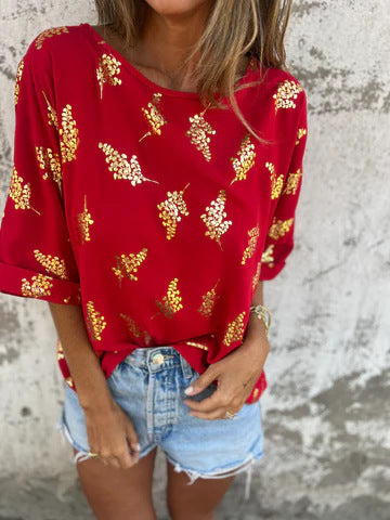 Women's blouse – Loose fit – Lightweight breathable fabric – 3/4 sleeves – Boat neck – Sequins