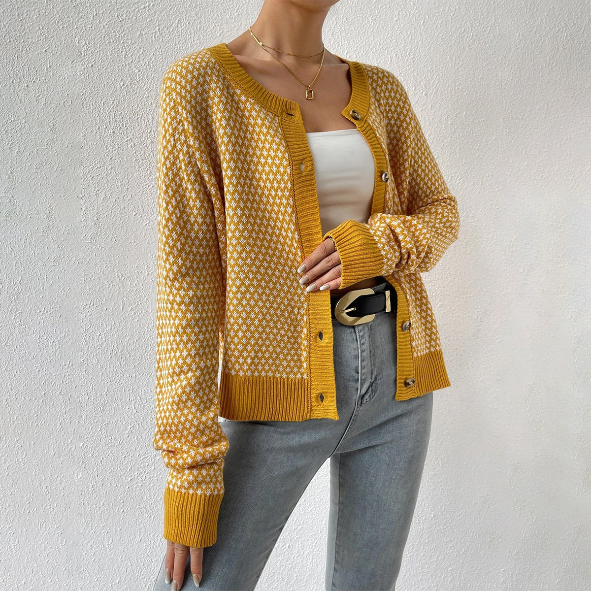 Cardigan femme – Maille douce – Coupe décontractée – Boutons – Motif géométrique