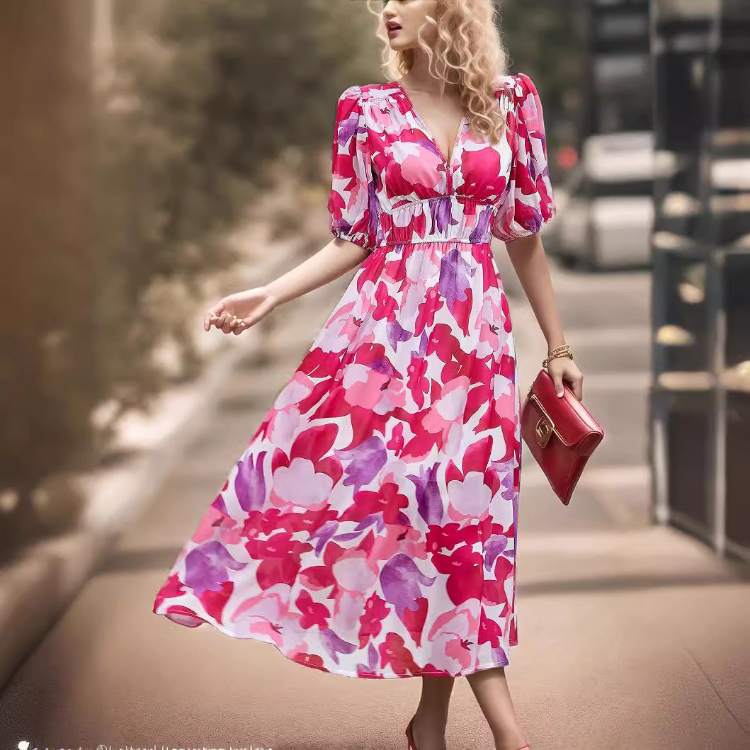 Women's midi dress – Fitted waist – V-neck – Puff sleeves – Breathable fabric – Printed