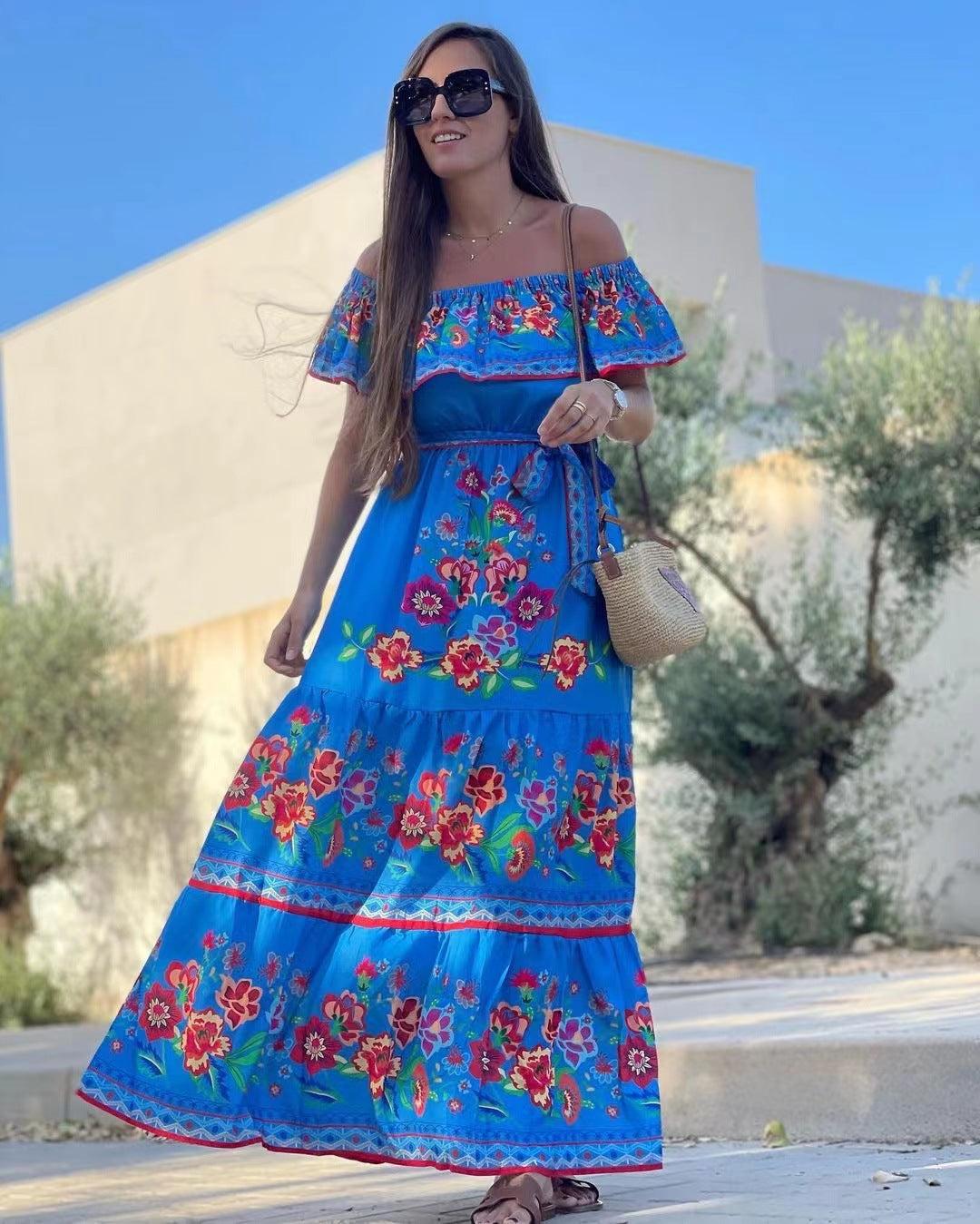 Women's long dress – Off-shoulder – Ruffles – Floral print – Ruffled skirt – Belted