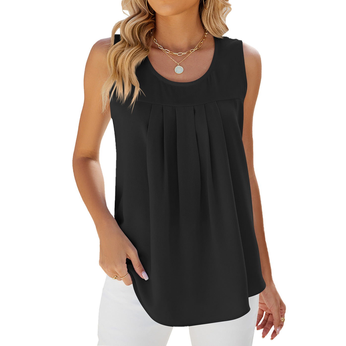Women's sleeveless blouse – Flowy fit – Breathable fabric – Elegant pleats