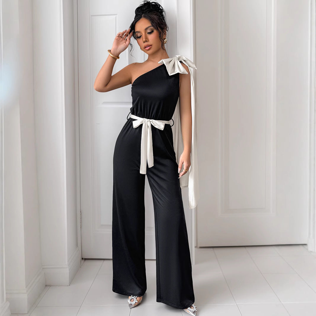 Women's jumpsuit – Fitted cut – Fluid satin – Off-the-shoulder with elegant bow