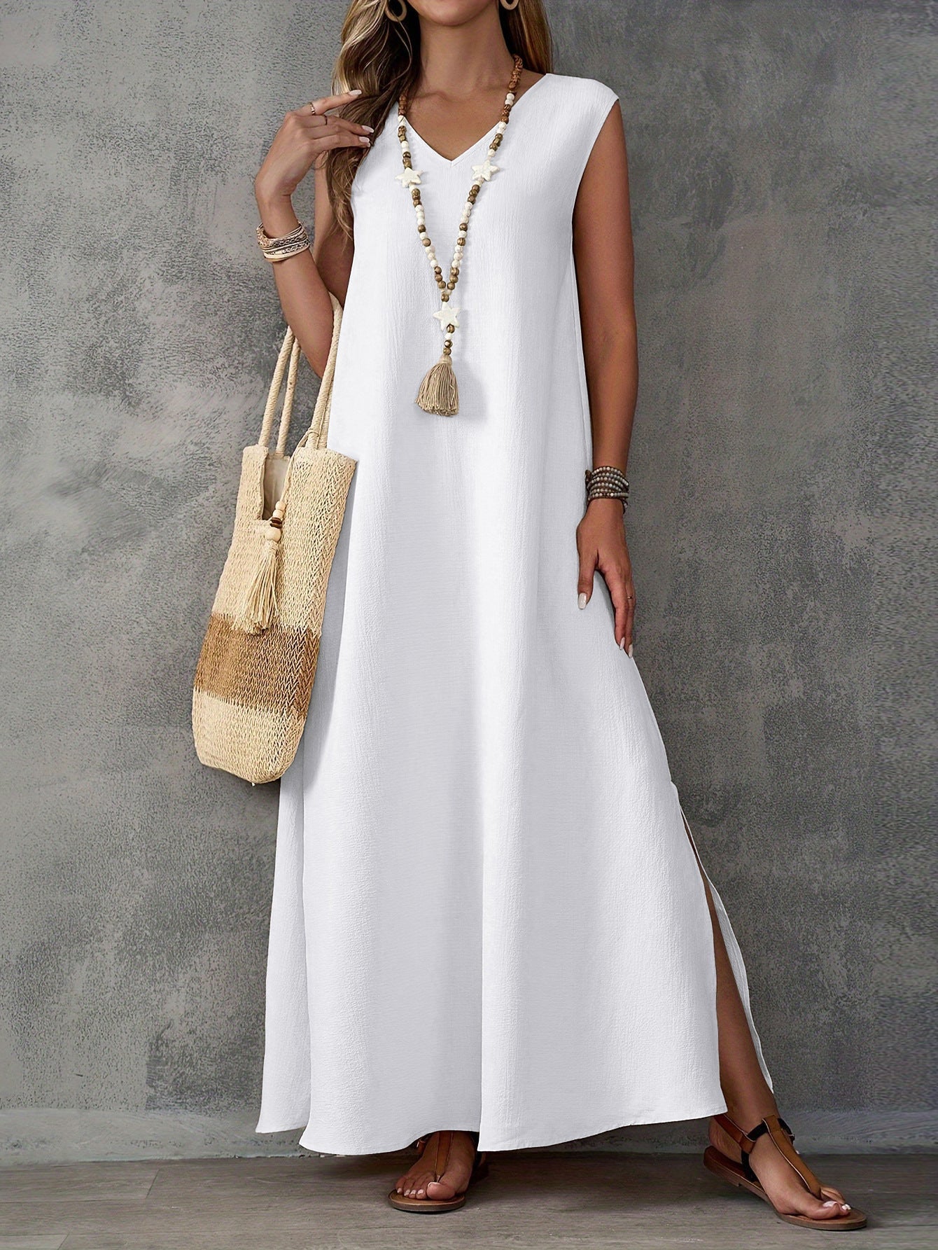Robe longue femme – Coupe fluide – Col en V – Sans manches – Fentes latérales – Coton