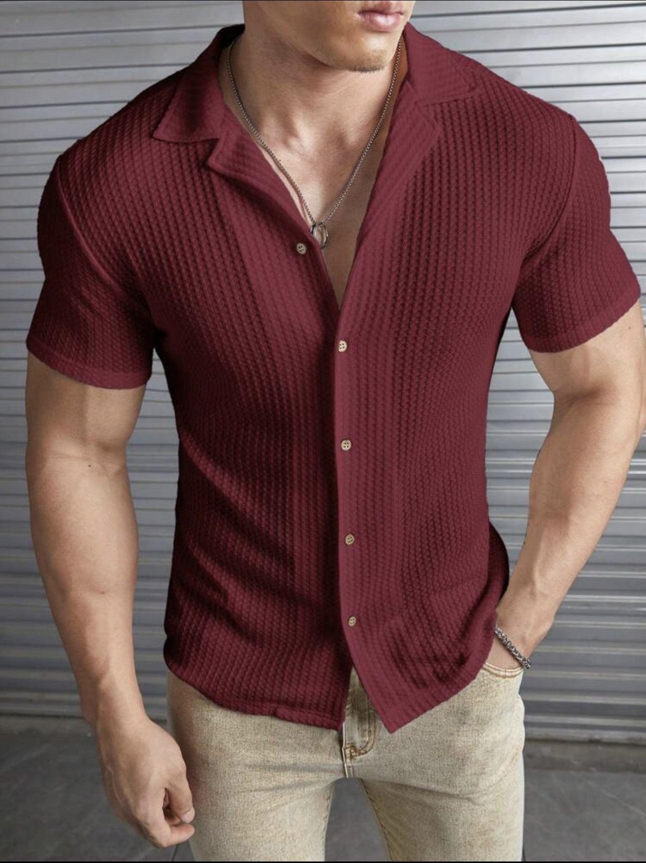 Men's T-shirt – Slim fit – Textured knit – Flat collar – Short button placket