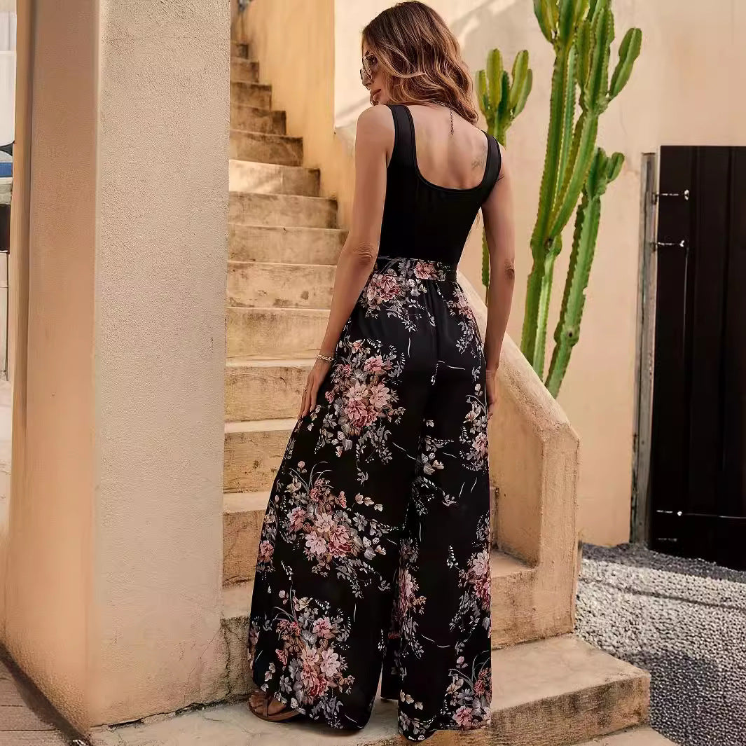 Women's jumpsuit – Floral – Loose fit – Sleeveless – Belted waist – Long