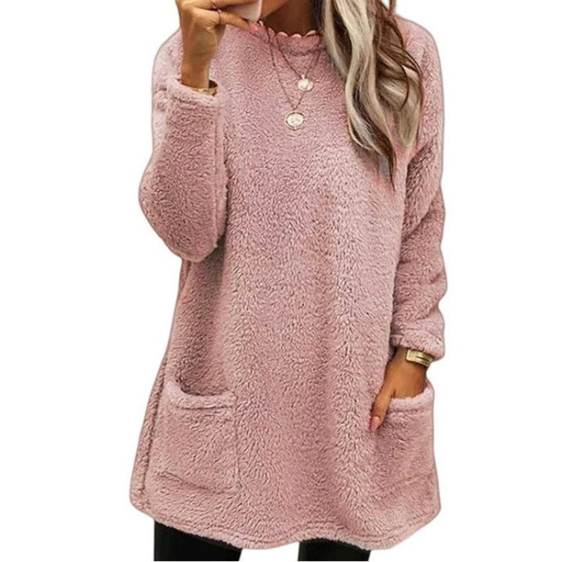 Pull femme – Coupe oversize – Tissu pelucheux – Manches longues – Poches pratiques