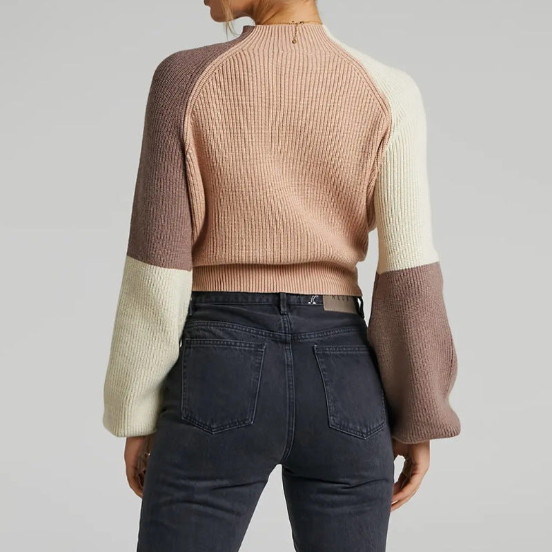 Pull femme – Coupe oversize – Tricot doux – Col montant – Manches évasées – Color block