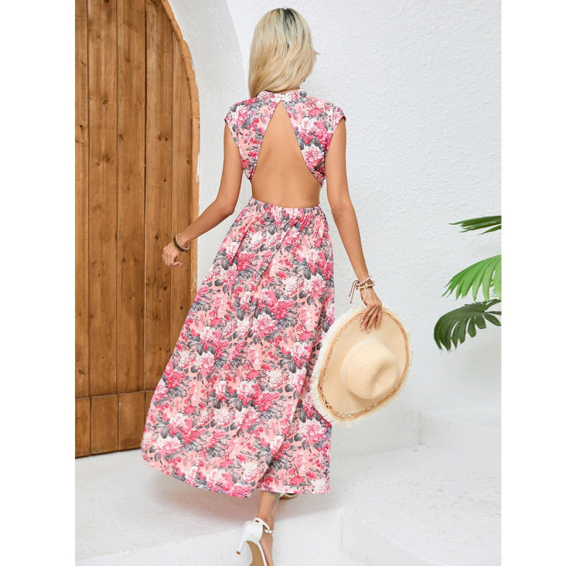 Women's sleeveless dress – Fitted cut – Open back – Floral print – Asymmetrical hem