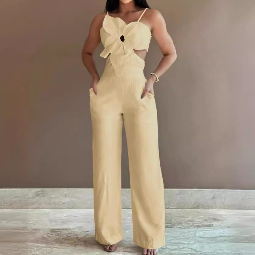 Women's Jumpsuit – Backless – Wide Legs – Thin Straps – Bow – Breathable Fabric