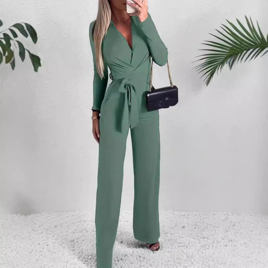 Women's jumpsuit – Elegant cut – Wrap neckline – Long sleeves – Wide leg