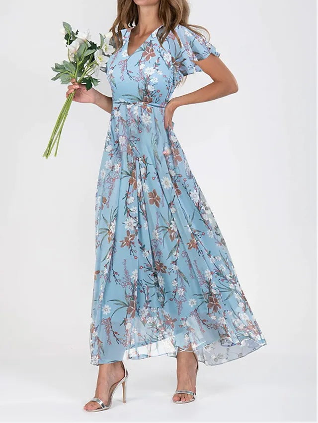 Women's midi dress – Fluid fabric – Ruffled sleeves – Elegant floral print