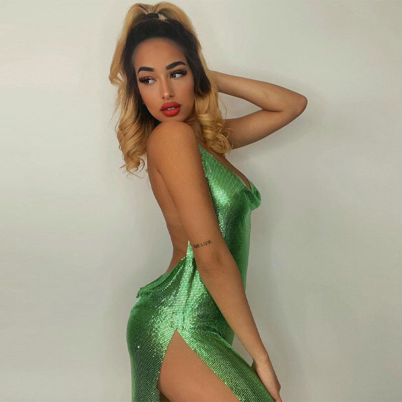 Robe mini femme – Coupe moulante – Dos nu – Sans manches – Fente haute brillante
