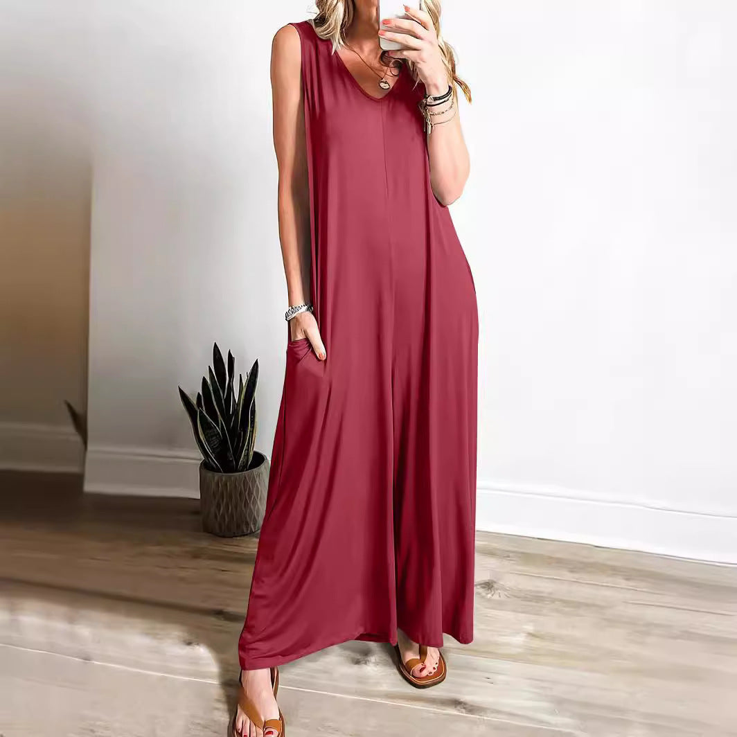 Women's long dress – Flowing fit – Sleeveless – V-neck – Side pockets
