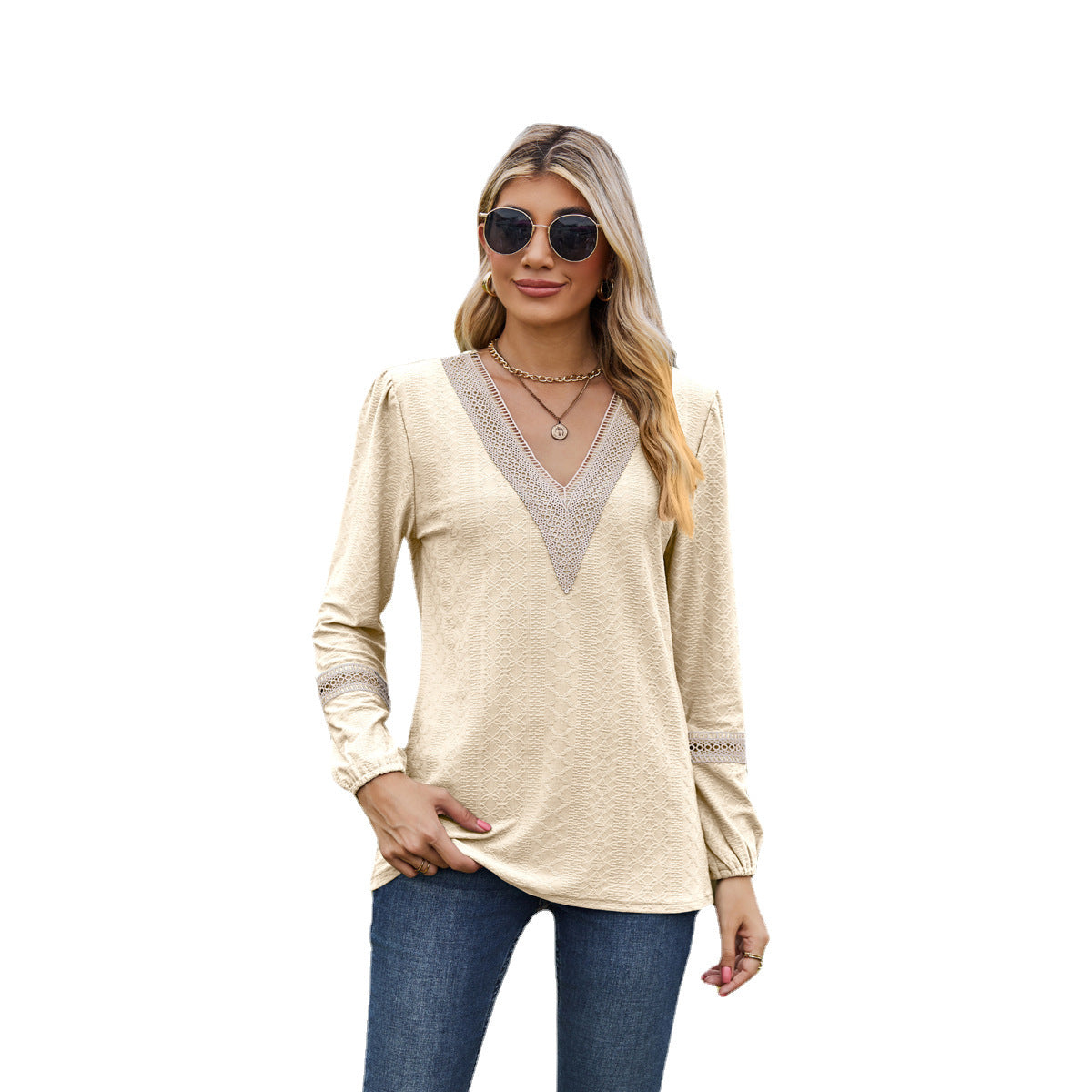 T-shirt women's long sleeves – Loose fit – V-neck lace – Soft breathable fabric
