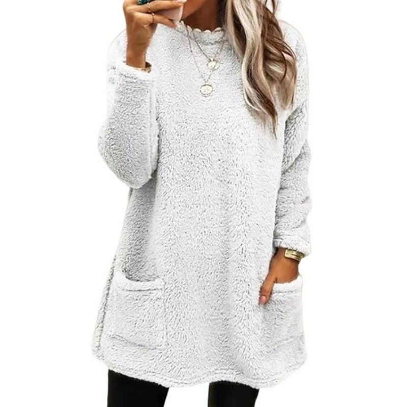 Pull femme – Coupe oversize – Tissu pelucheux – Manches longues – Poches pratiques