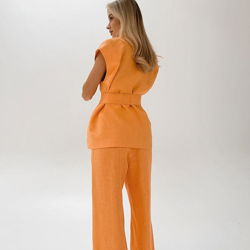 Women's Set Sleeveless Top and Wide Pants – Belted Waist – Breathable Fabric