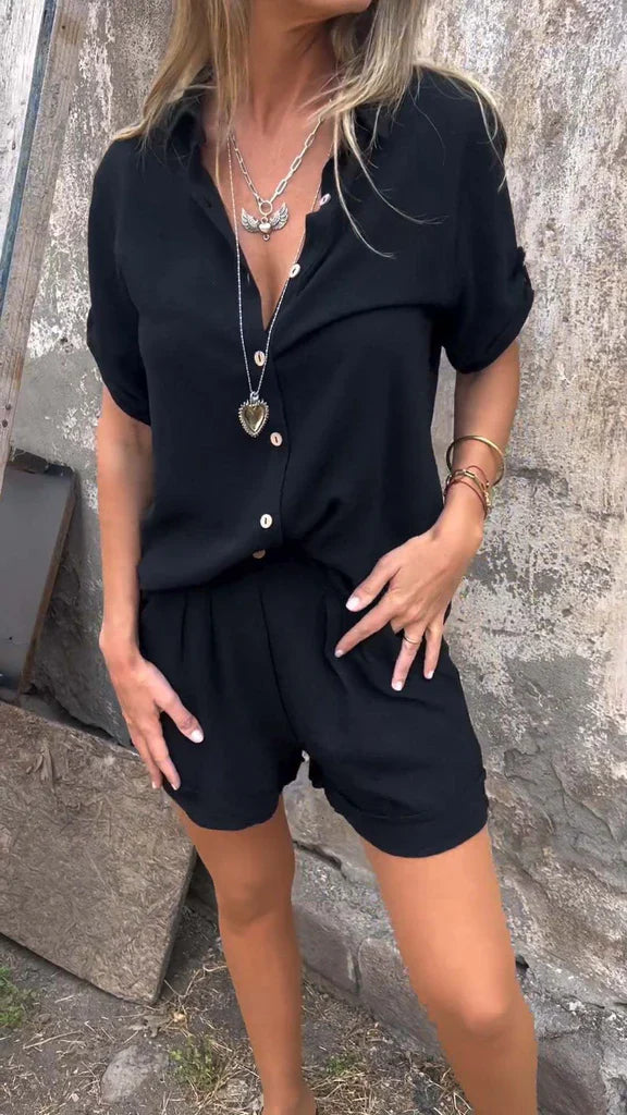 Jumpsuit for women – Relaxed fit – Breathable linen – Drawstring waist – Short sleeves