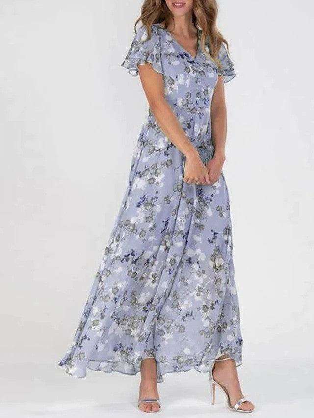 Women's midi dress – Fluid fabric – Ruffled sleeves – Elegant floral print