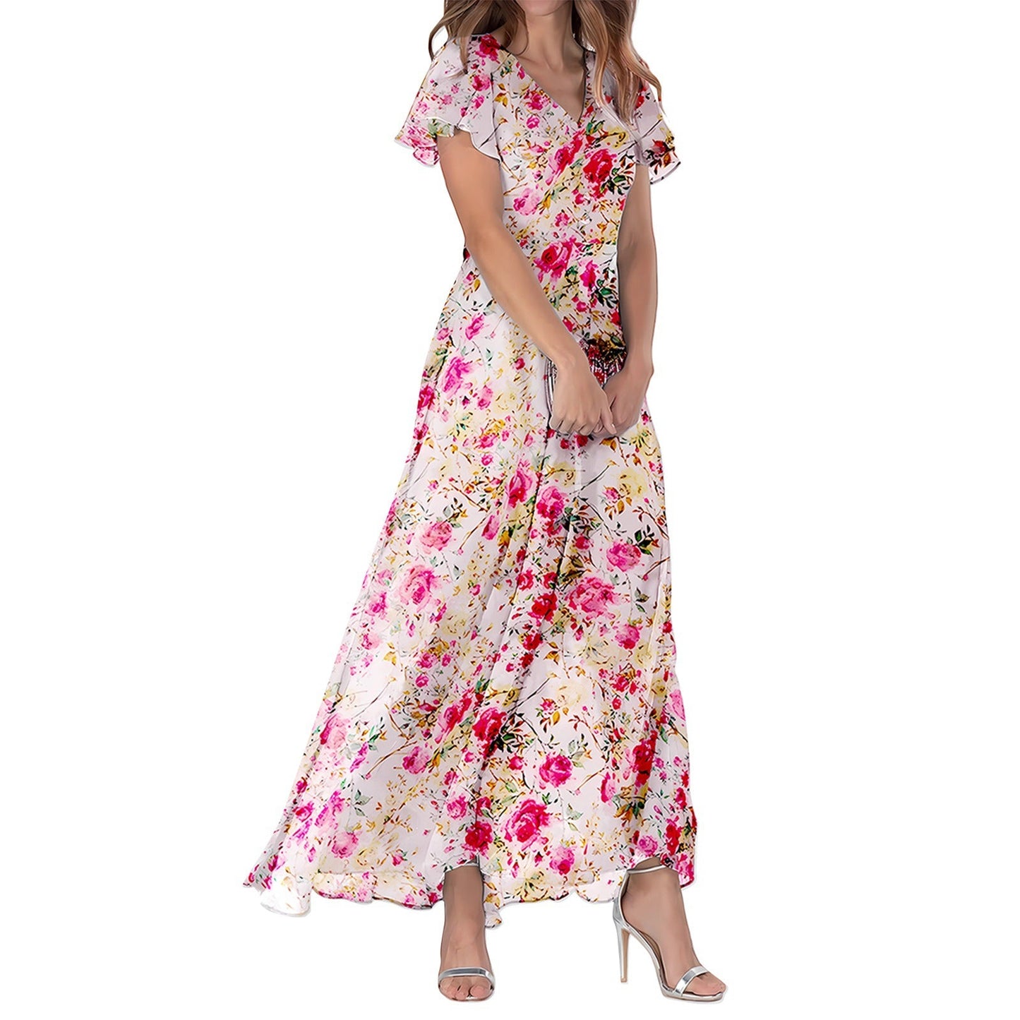 Women's long dress – Fluid cut – V-neck – Ruffled sleeves – Soft floral fabric