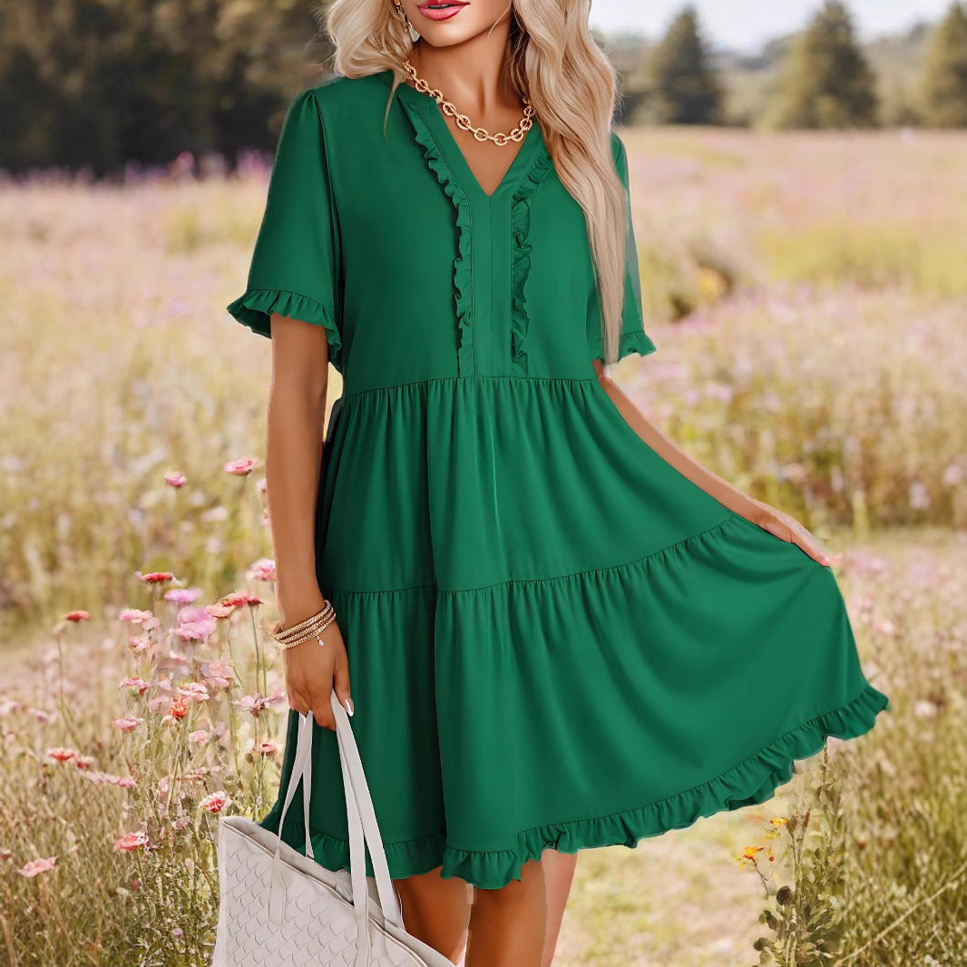 Robe trapèze femme – Col en V – Volants – Coupe ample – Manches courtes – Tiers