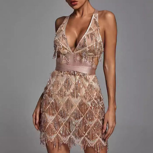 Women's midi dress – Fitted cut – Plunging neckline – Sequins and elegant fringes