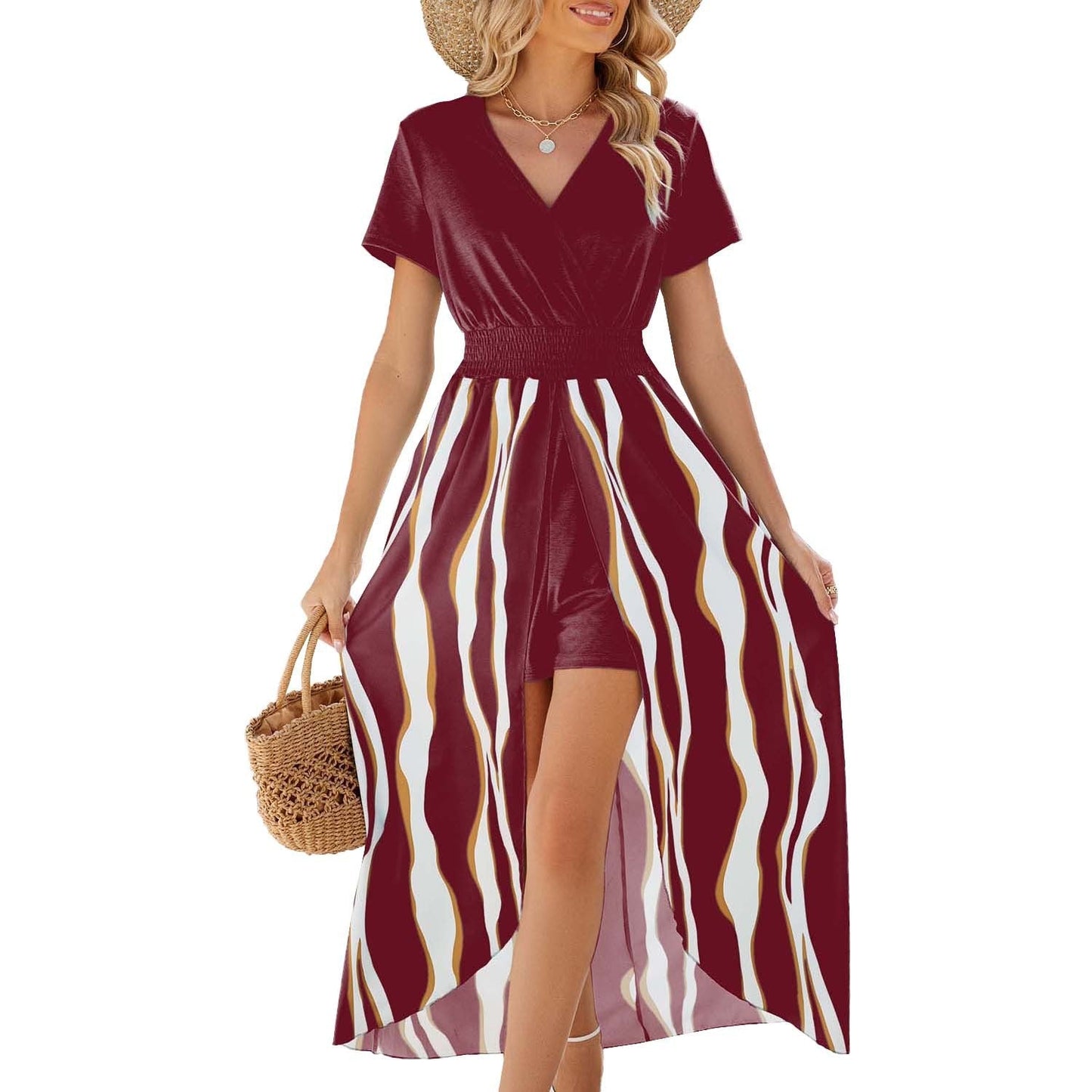 Women's long dress – Breathable fabric – Wrap neckline – Fitted waist – High slit