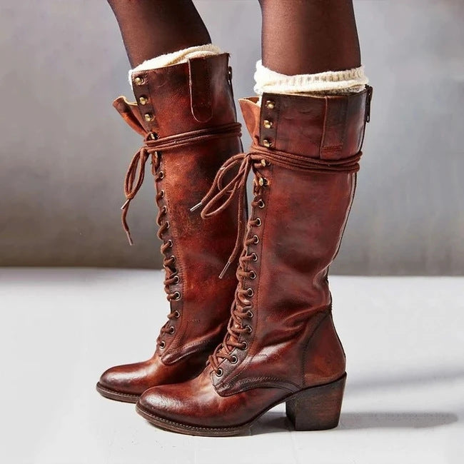 Bottes hautes femme – Talon épais – Laçage ajustable – Fermeture zippée