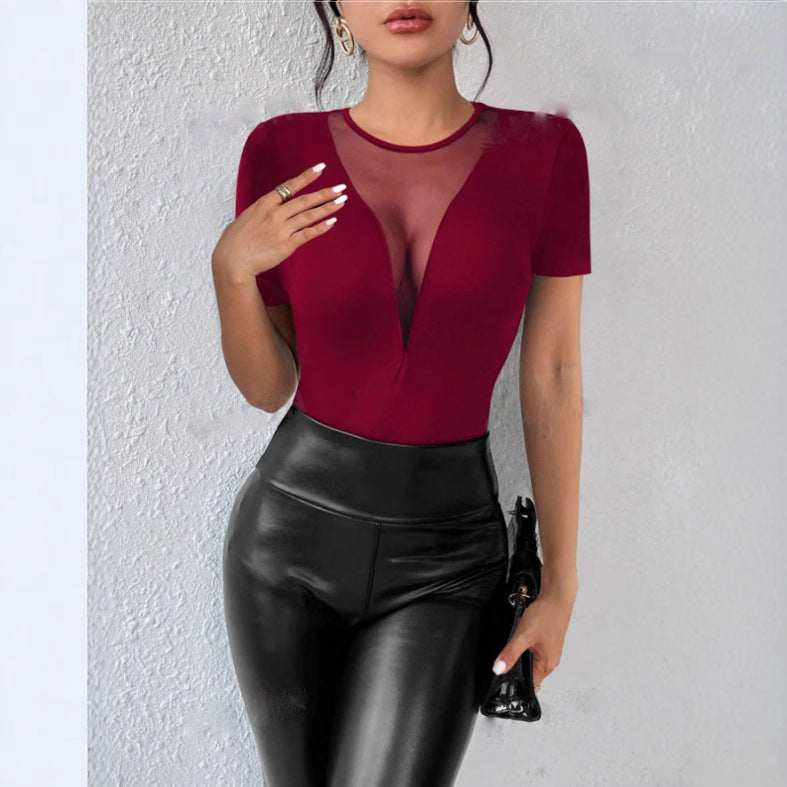 Women's shirt – Slim fit – Plunging tulle neckline – Short sleeves – Breathable fabric