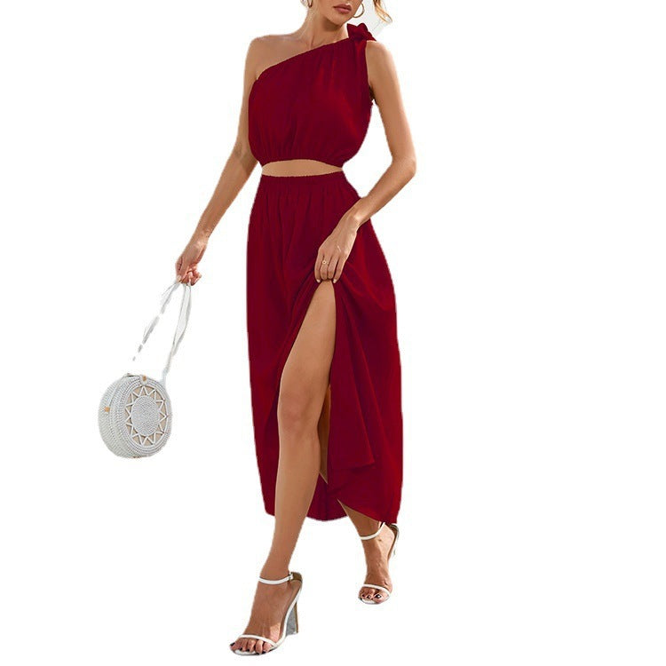 Ensemble Femme Deux Pièces – Crop Top Asymétrique – Jupe Fendue Taille Élastique – Tissu Fluide