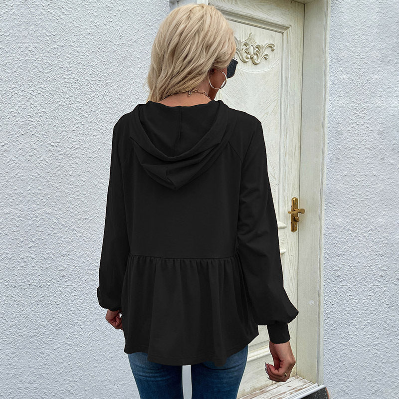 Women's Hoodie - Soft Knit - Relaxed Fit - Puff Sleeves - Ruffled Hem