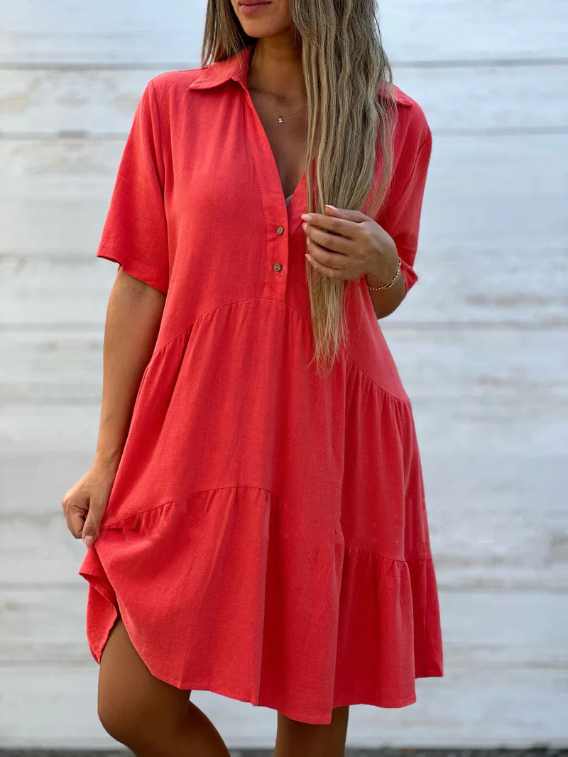 Casual women's dress – Flowing cut – Short sleeves – Shirt collar – Natural fibers