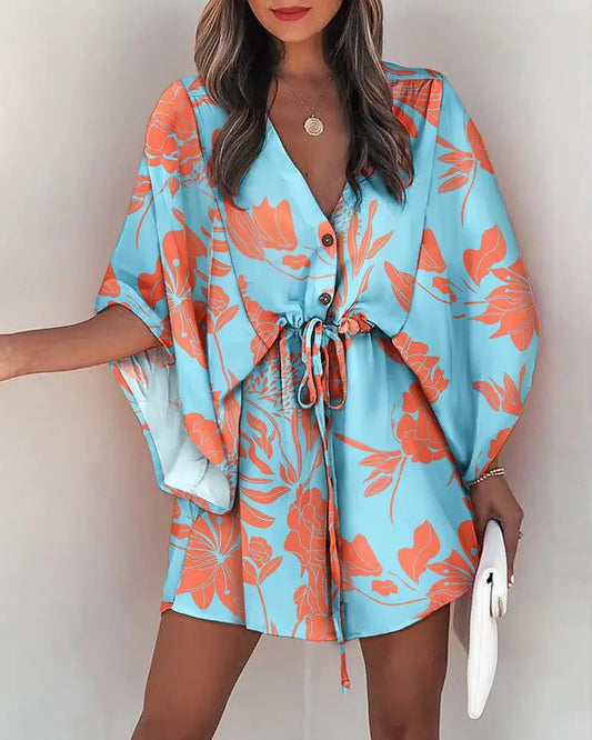 Women's Casual Dress – V-neck – Lace-up Waist – Ruffled Sleeves – Flowy Cut