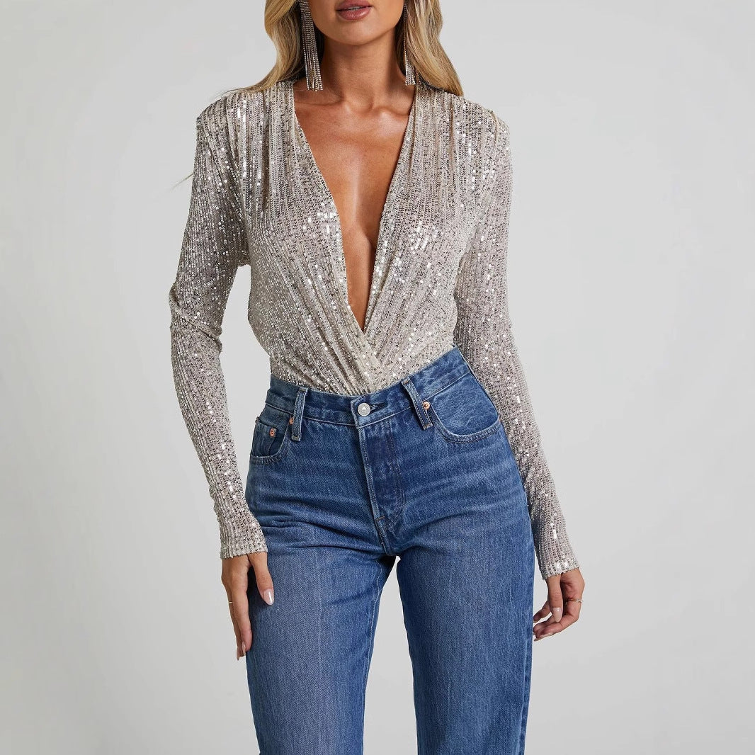 Body femme – Coupe slim – Décolleté plongeant – Manches longues – Tissu à sequins