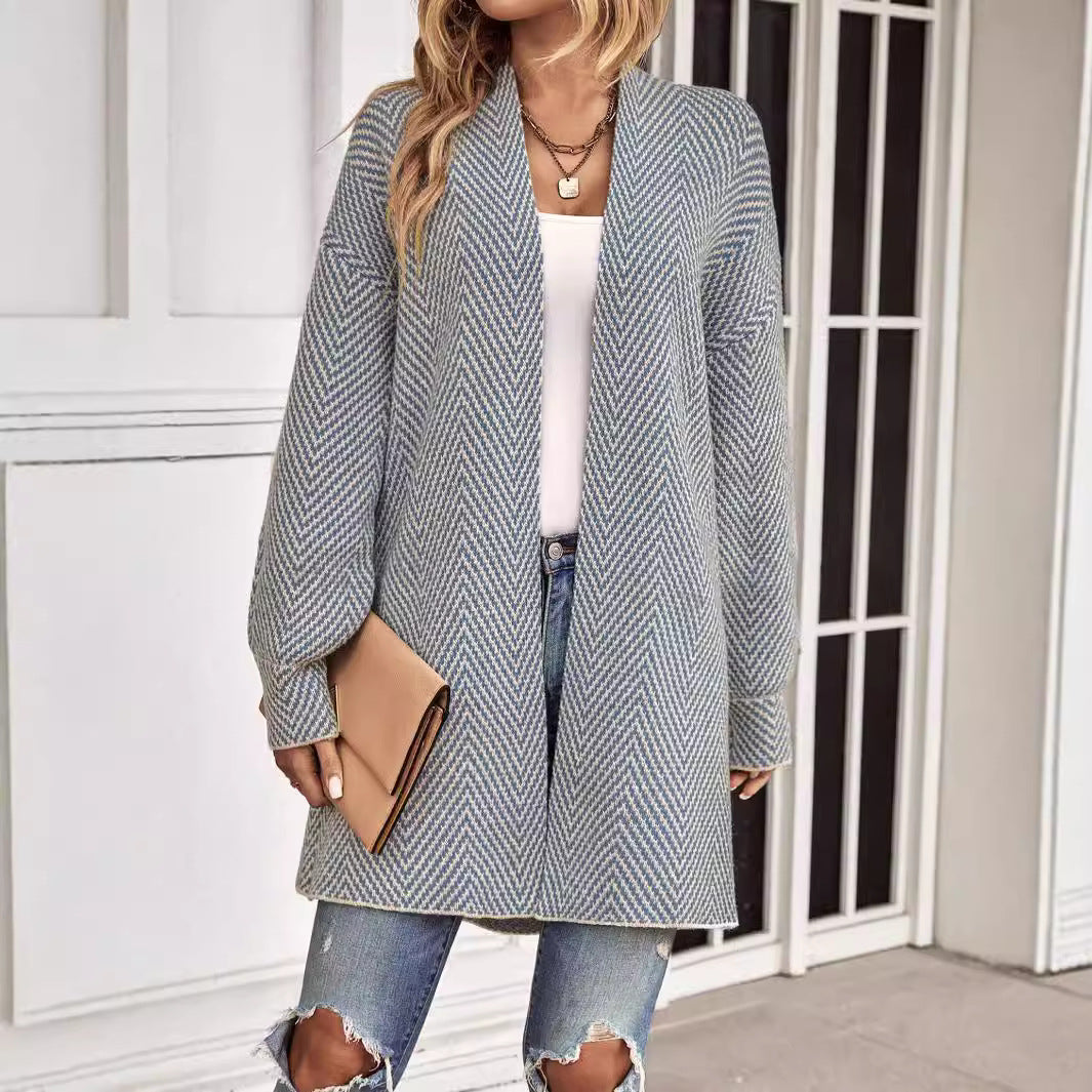 Gilet femme – Coupe ample – Manches longues – Motif chevron – Ouvert devant