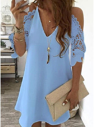Women's trapeze dress – mini length – lace sleeves bare shoulders – V-neck