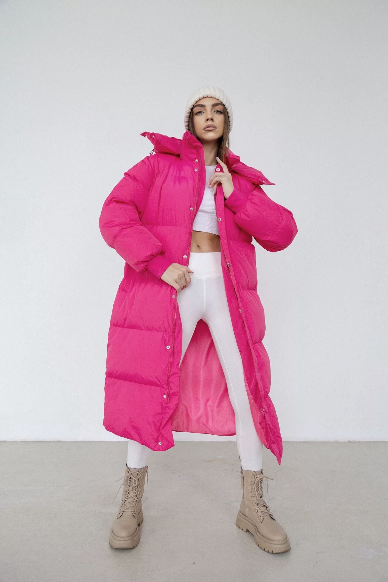 Women's Long Quilted Coat - Synthetic Fabric - Oversize Cut - Stand-Up Collar With Hood