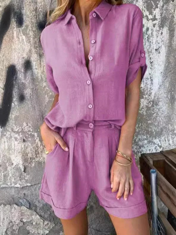Jumpsuit for women – Relaxed fit – Breathable linen – Drawstring waist – Short sleeves