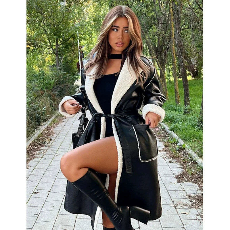 Women's Long Coat - Faux Leather - Oversized Cut - Lapel Collar - Waist Belt