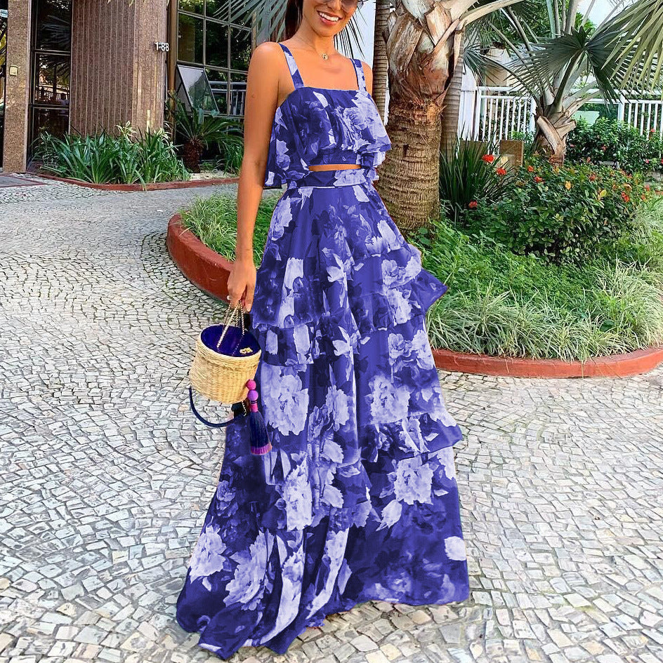 Women's Two-Piece Set – Flowy Cut – Top With Thin Straps – Long Skirt With Ruffles