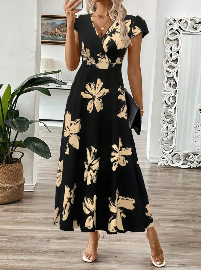 Women's long dress – Wrap-front neckline – Floral print – Fluid flared cut